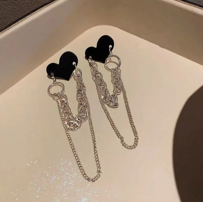 Black Heart Chain Earrings