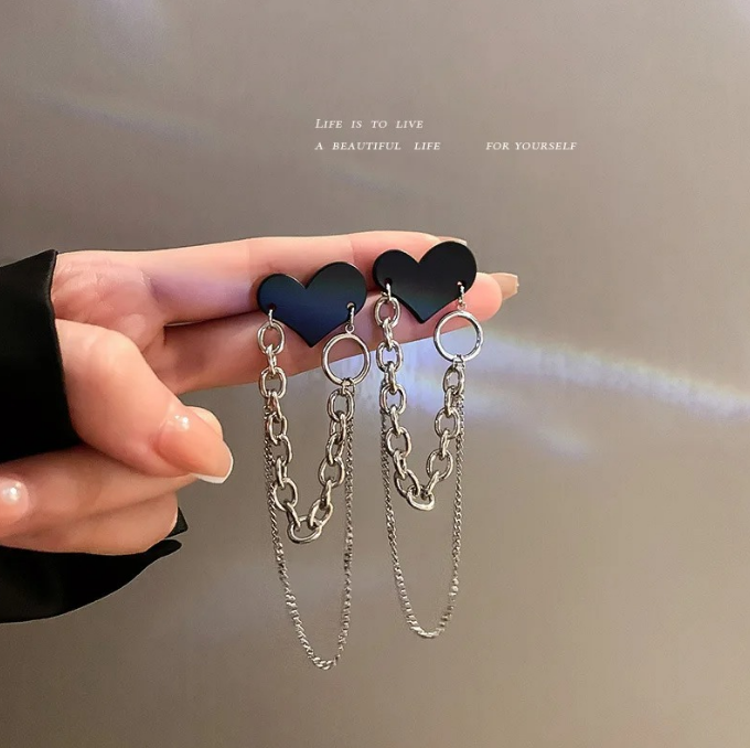 Black Heart Chain Earrings